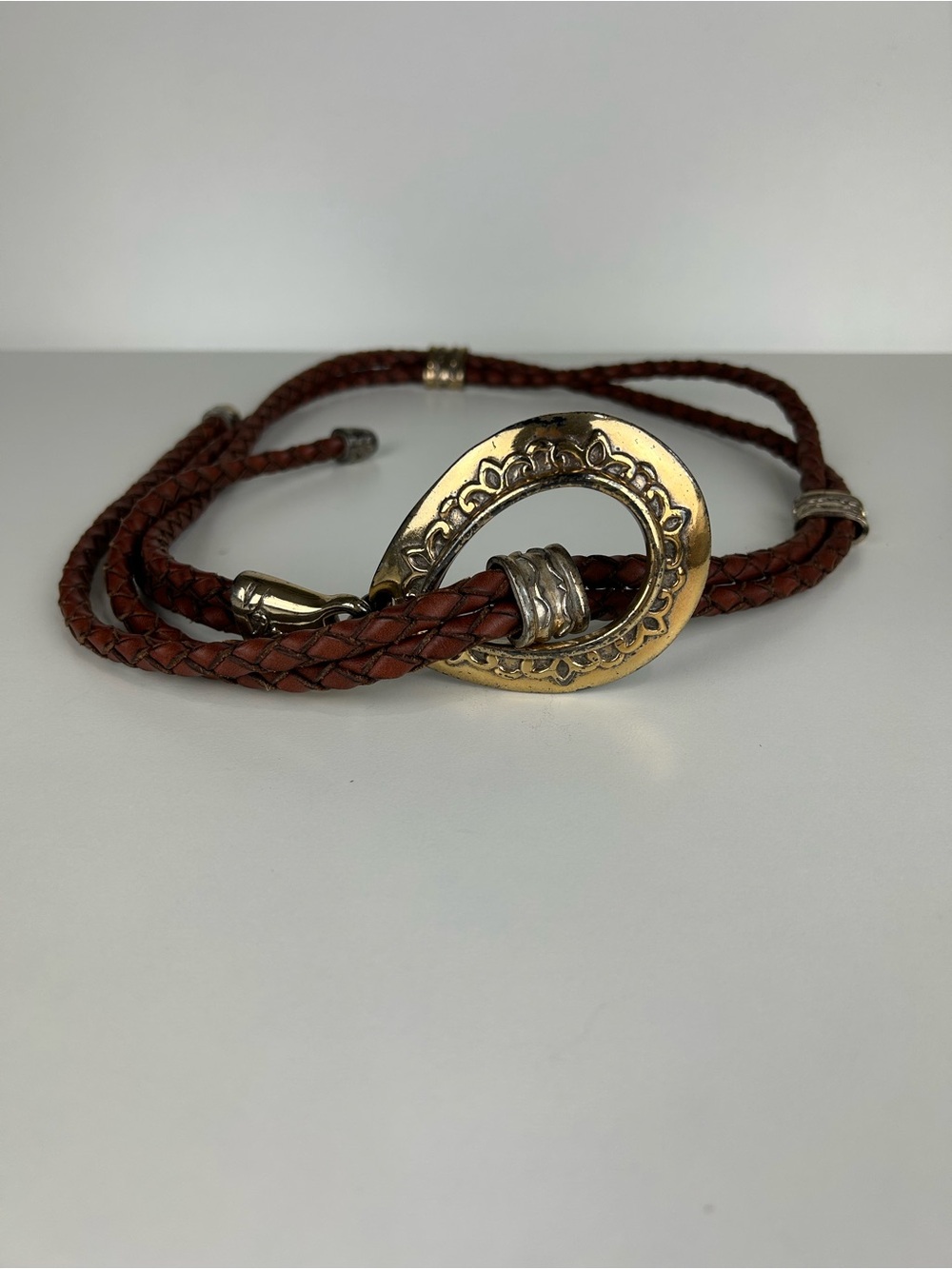 BRIGHTON 1994 BOLO BRAIDED BROWN LEATHER ROPE BELT - Picture 2 of 8